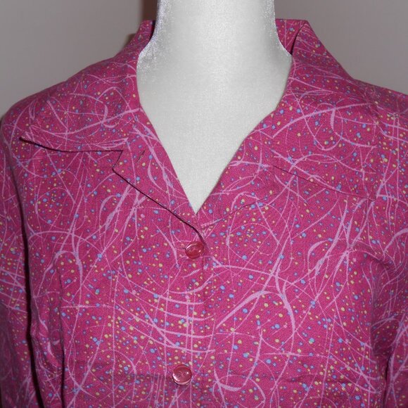 Christopher & Banks  Rose 3/4 Sleeve Collared Button Blouse Blue Yellow Swirls-M - Picture 2 of 3